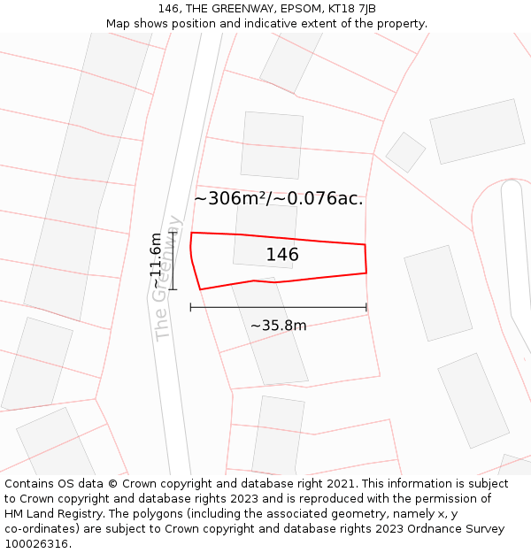 146, THE GREENWAY, EPSOM, KT18 7JB: Plot and title map