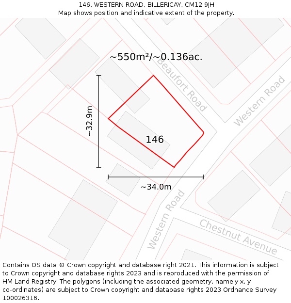 146, WESTERN ROAD, BILLERICAY, CM12 9JH: Plot and title map