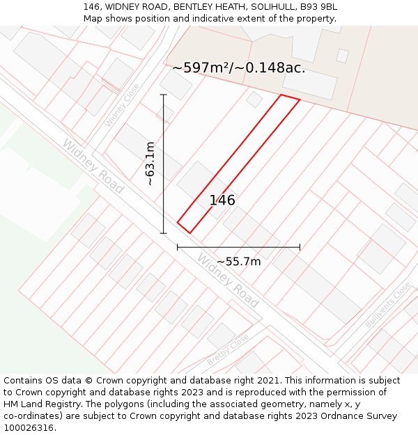 146, WIDNEY ROAD, BENTLEY HEATH, SOLIHULL, B93 9BL: Plot and title map