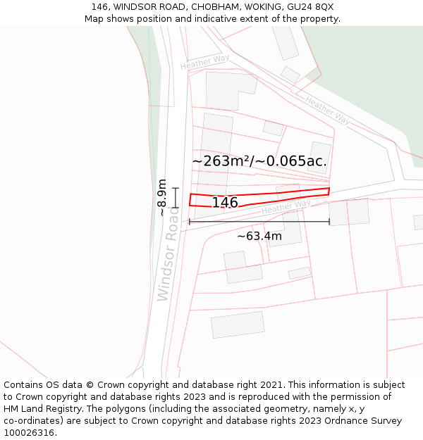 146, WINDSOR ROAD, CHOBHAM, WOKING, GU24 8QX: Plot and title map
