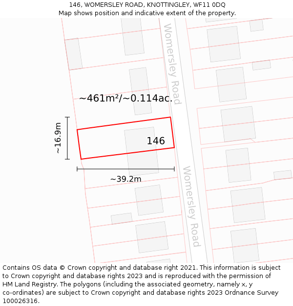 146, WOMERSLEY ROAD, KNOTTINGLEY, WF11 0DQ: Plot and title map