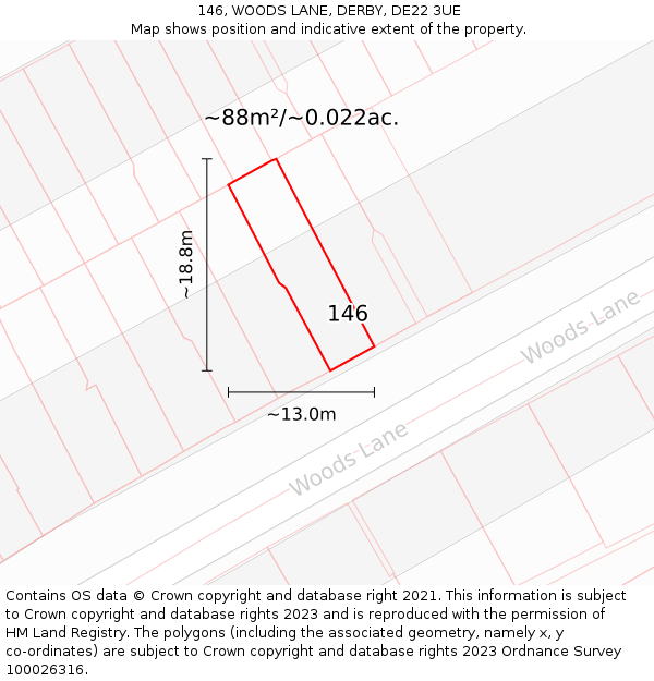 146, WOODS LANE, DERBY, DE22 3UE: Plot and title map
