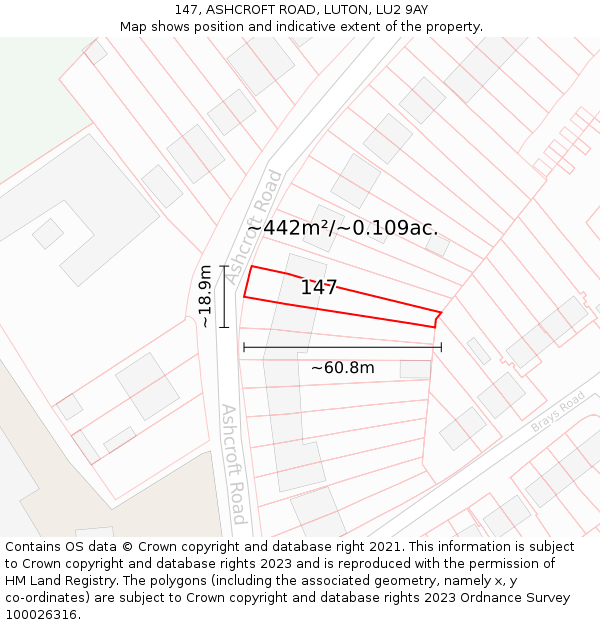 147, ASHCROFT ROAD, LUTON, LU2 9AY: Plot and title map