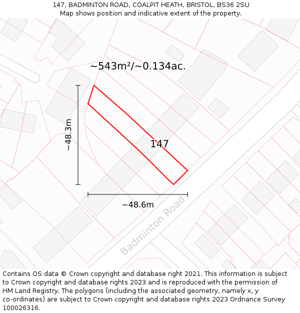 147, BADMINTON ROAD, COALPIT HEATH, BRISTOL, BS36 2SU: Plot and title map