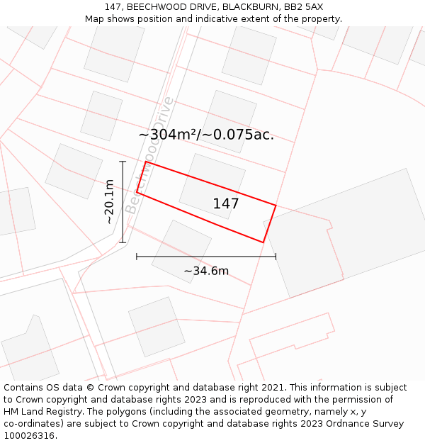 147, BEECHWOOD DRIVE, BLACKBURN, BB2 5AX: Plot and title map