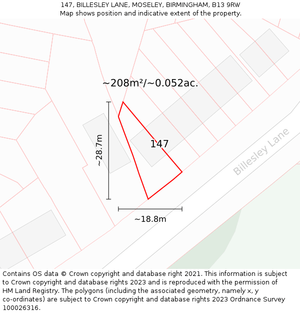 147, BILLESLEY LANE, MOSELEY, BIRMINGHAM, B13 9RW: Plot and title map