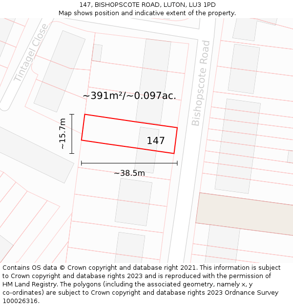 147, BISHOPSCOTE ROAD, LUTON, LU3 1PD: Plot and title map