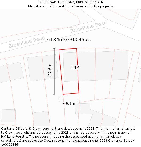 147, BROADFIELD ROAD, BRISTOL, BS4 2UY: Plot and title map