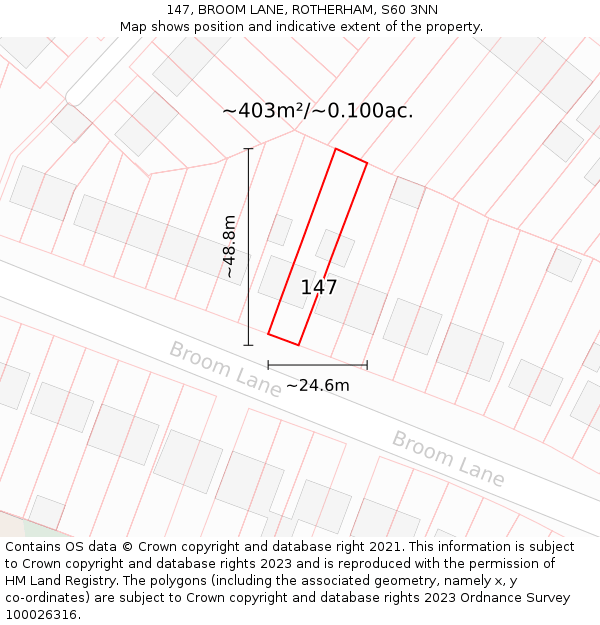 147, BROOM LANE, ROTHERHAM, S60 3NN: Plot and title map