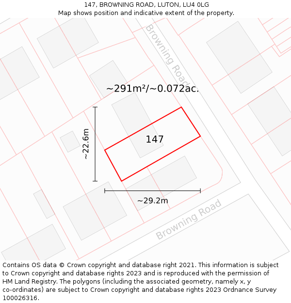 147, BROWNING ROAD, LUTON, LU4 0LG: Plot and title map