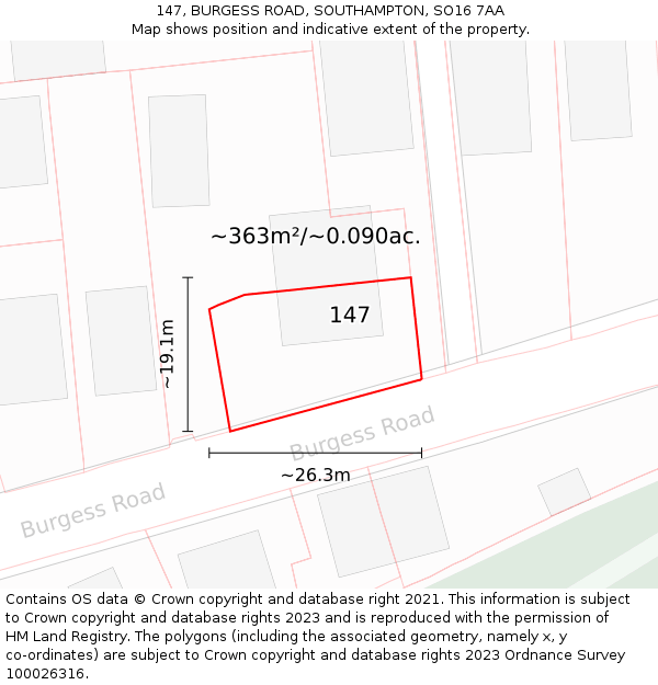 147, BURGESS ROAD, SOUTHAMPTON, SO16 7AA: Plot and title map