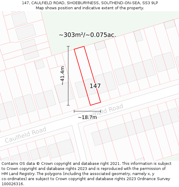 147, CAULFIELD ROAD, SHOEBURYNESS, SOUTHEND-ON-SEA, SS3 9LP: Plot and title map