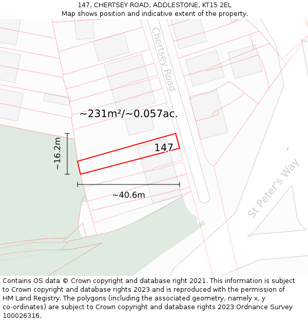 147, CHERTSEY ROAD, ADDLESTONE, KT15 2EL: Plot and title map