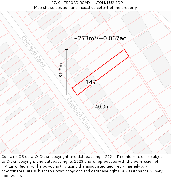 147, CHESFORD ROAD, LUTON, LU2 8DP: Plot and title map
