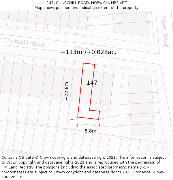 147, CHURCHILL ROAD, NORWICH, NR3 4PZ: Plot and title map