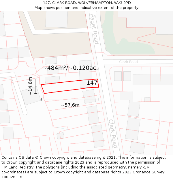 147, CLARK ROAD, WOLVERHAMPTON, WV3 9PD: Plot and title map