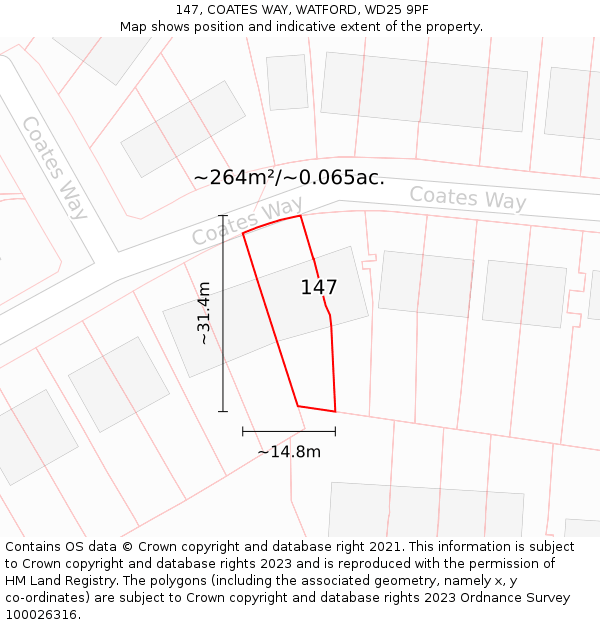 147, COATES WAY, WATFORD, WD25 9PF: Plot and title map