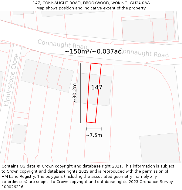 147, CONNAUGHT ROAD, BROOKWOOD, WOKING, GU24 0AA: Plot and title map
