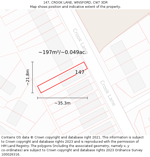 147, CROOK LANE, WINSFORD, CW7 3DR: Plot and title map