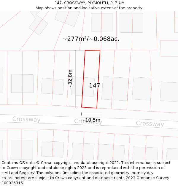 147, CROSSWAY, PLYMOUTH, PL7 4JA: Plot and title map