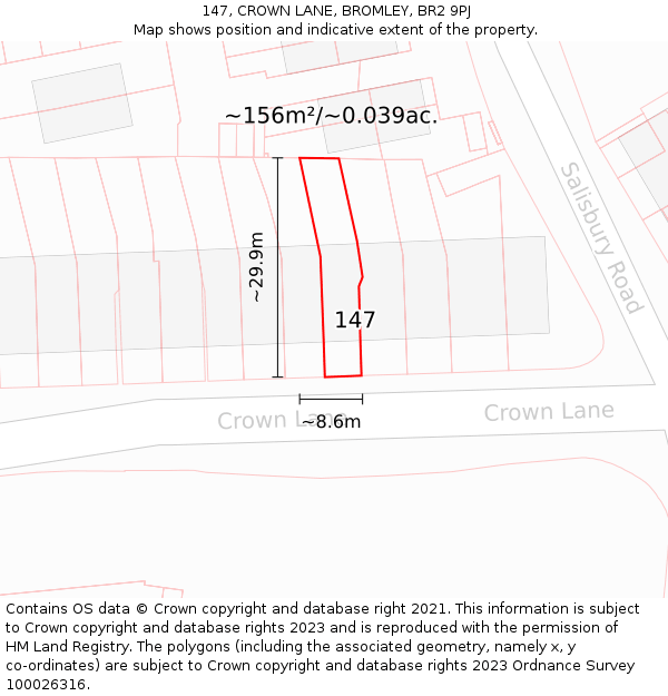 147, CROWN LANE, BROMLEY, BR2 9PJ: Plot and title map