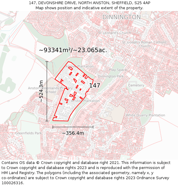 147, DEVONSHIRE DRIVE, NORTH ANSTON, SHEFFIELD, S25 4AP: Plot and title map