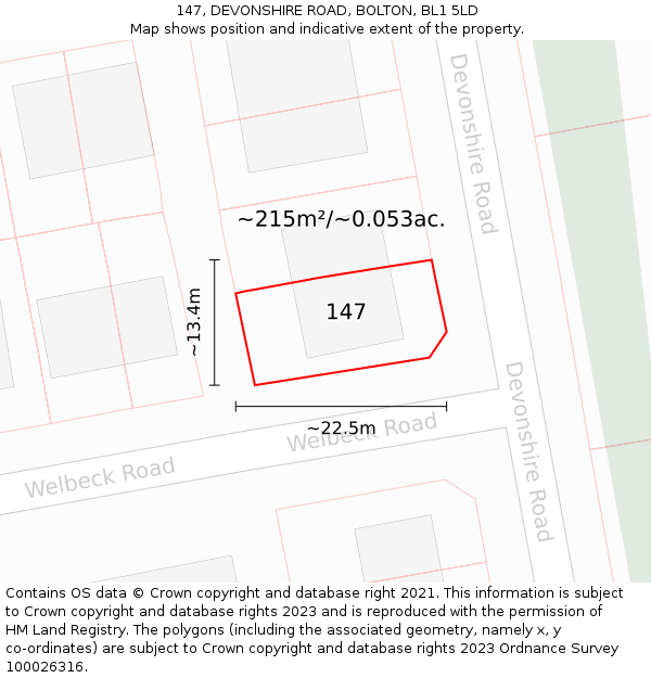 147, DEVONSHIRE ROAD, BOLTON, BL1 5LD: Plot and title map