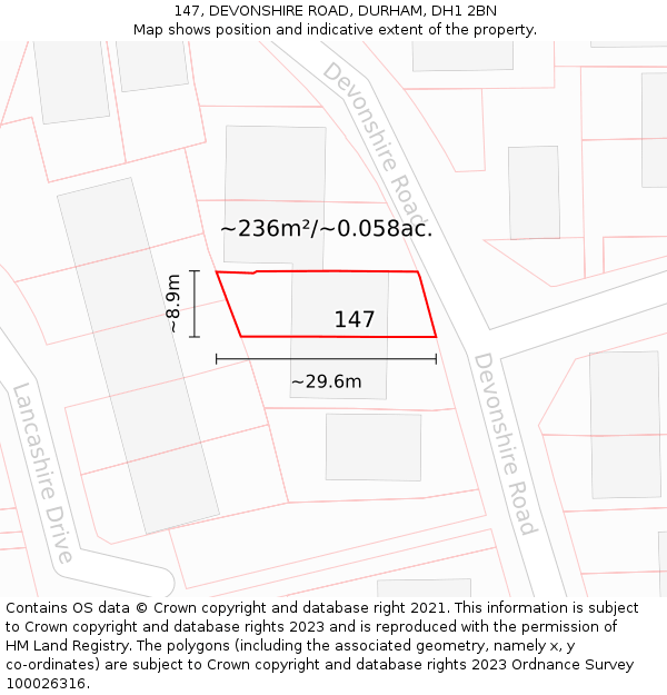 147, DEVONSHIRE ROAD, DURHAM, DH1 2BN: Plot and title map