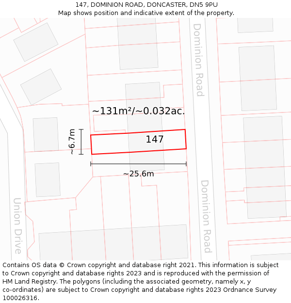 147, DOMINION ROAD, DONCASTER, DN5 9PU: Plot and title map