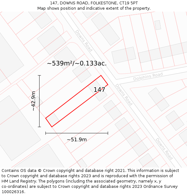 147, DOWNS ROAD, FOLKESTONE, CT19 5PT: Plot and title map