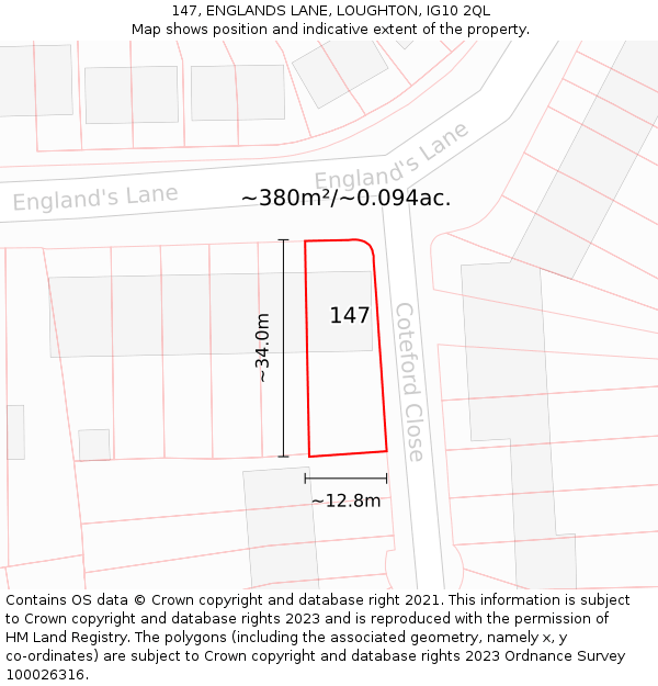 147, ENGLANDS LANE, LOUGHTON, IG10 2QL: Plot and title map
