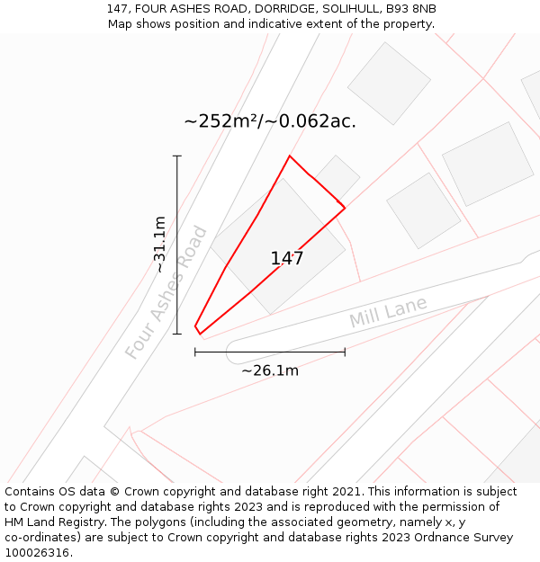 147, FOUR ASHES ROAD, DORRIDGE, SOLIHULL, B93 8NB: Plot and title map