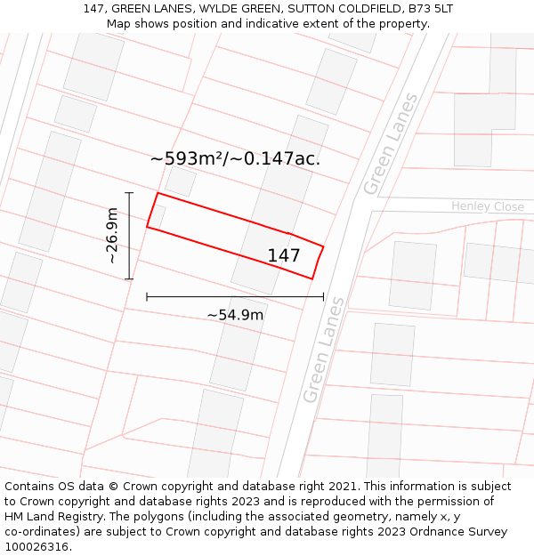 147, GREEN LANES, WYLDE GREEN, SUTTON COLDFIELD, B73 5LT: Plot and title map