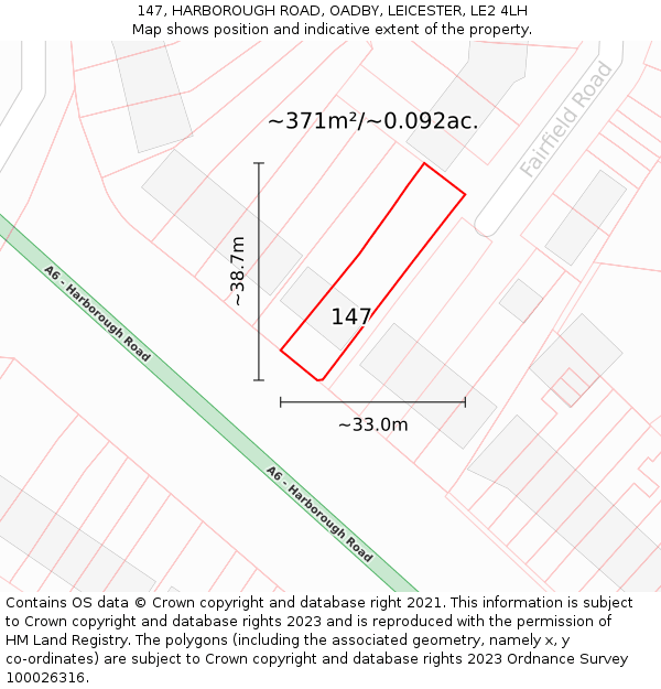147, HARBOROUGH ROAD, OADBY, LEICESTER, LE2 4LH: Plot and title map