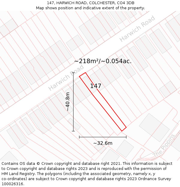 147, HARWICH ROAD, COLCHESTER, CO4 3DB: Plot and title map