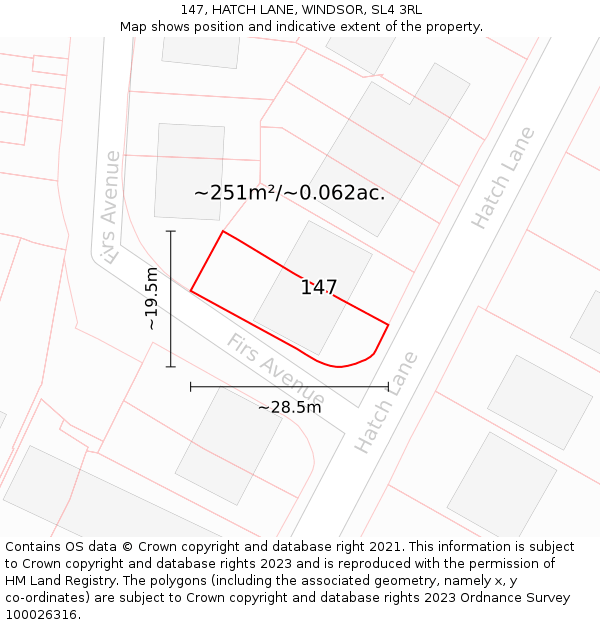 147, HATCH LANE, WINDSOR, SL4 3RL: Plot and title map