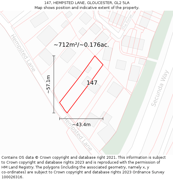 147, HEMPSTED LANE, GLOUCESTER, GL2 5LA: Plot and title map