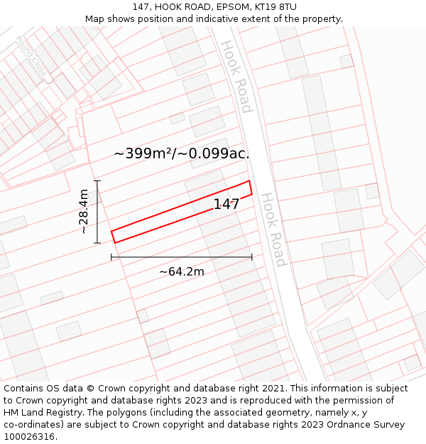 147, HOOK ROAD, EPSOM, KT19 8TU: Plot and title map