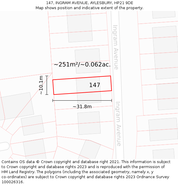 147, INGRAM AVENUE, AYLESBURY, HP21 9DE: Plot and title map