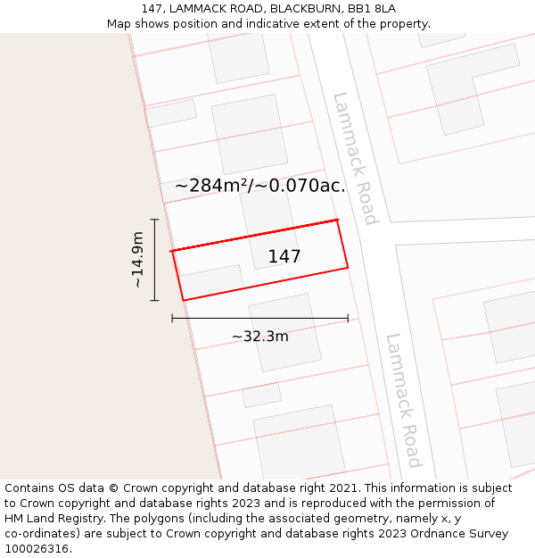 147, LAMMACK ROAD, BLACKBURN, BB1 8LA: Plot and title map