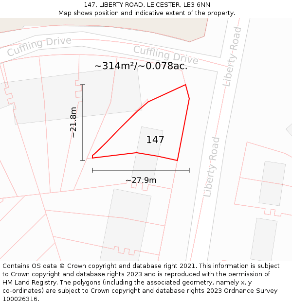 147, LIBERTY ROAD, LEICESTER, LE3 6NN: Plot and title map