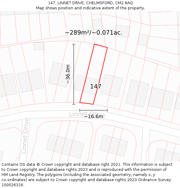147, LINNET DRIVE, CHELMSFORD, CM2 8AQ: Plot and title map
