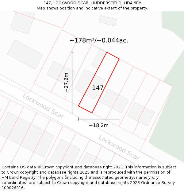 147, LOCKWOOD SCAR, HUDDERSFIELD, HD4 6EA: Plot and title map