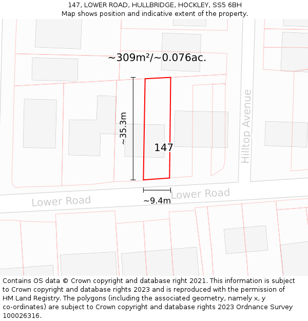 147, LOWER ROAD, HULLBRIDGE, HOCKLEY, SS5 6BH: Plot and title map