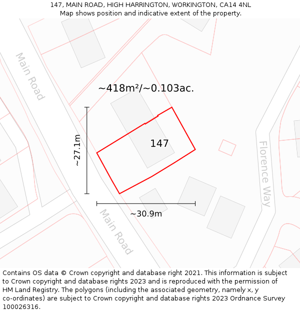 147, MAIN ROAD, HIGH HARRINGTON, WORKINGTON, CA14 4NL: Plot and title map