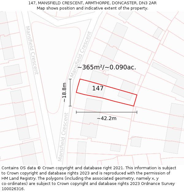 147, MANSFIELD CRESCENT, ARMTHORPE, DONCASTER, DN3 2AR: Plot and title map