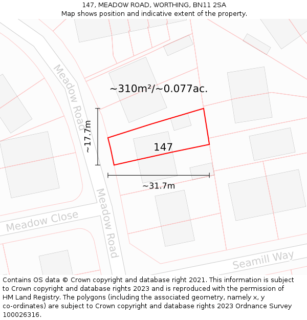 147, MEADOW ROAD, WORTHING, BN11 2SA: Plot and title map