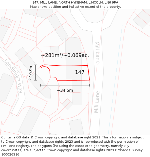 147, MILL LANE, NORTH HYKEHAM, LINCOLN, LN6 9PA: Plot and title map