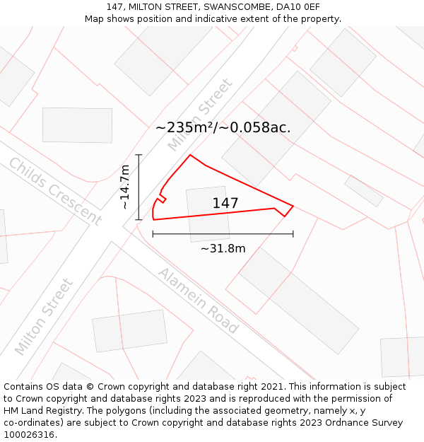 147, MILTON STREET, SWANSCOMBE, DA10 0EF: Plot and title map