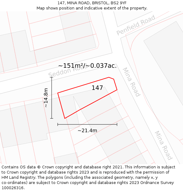 147, MINA ROAD, BRISTOL, BS2 9YF: Plot and title map